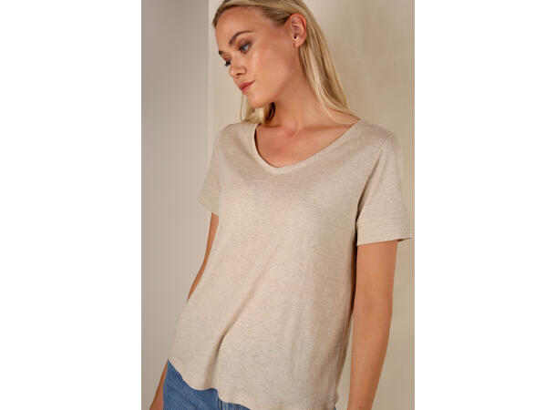 Lily V-neck Tee Sand Melange S Linen v-neck tee 