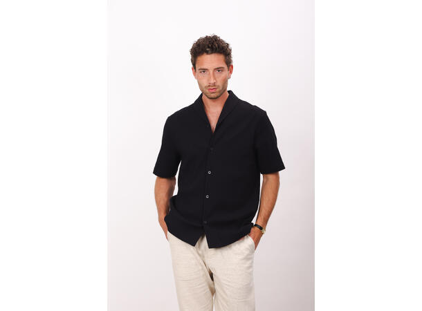 Leclerc SS Shirt Black M Shawl collar cotton crepe shirt 